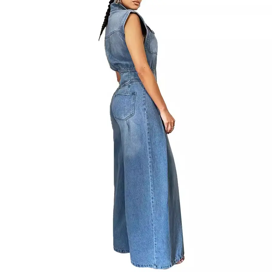 Women Denim Jumpsuit Sleeveless Turn Down Collar Single Breasted Pockets High Street Flare Pant Rompers Denim High Waist Outfits
