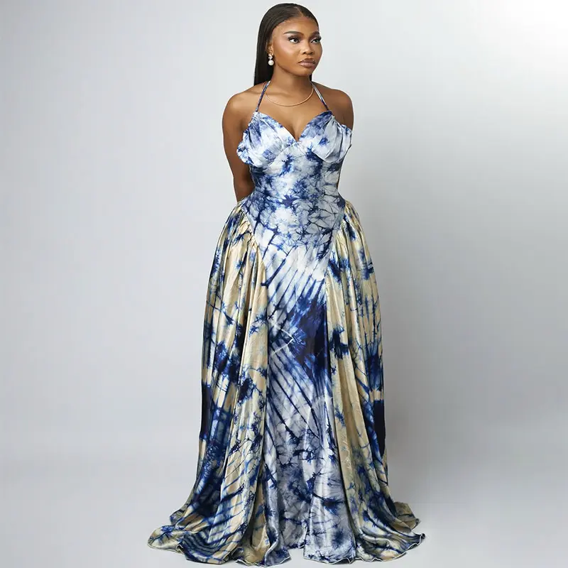 Sexy Satin Floral Printed Dress for Women Elegant Vintage Spaghetti Strap Lace-up Backless Boho American Retro Maxi Dresses