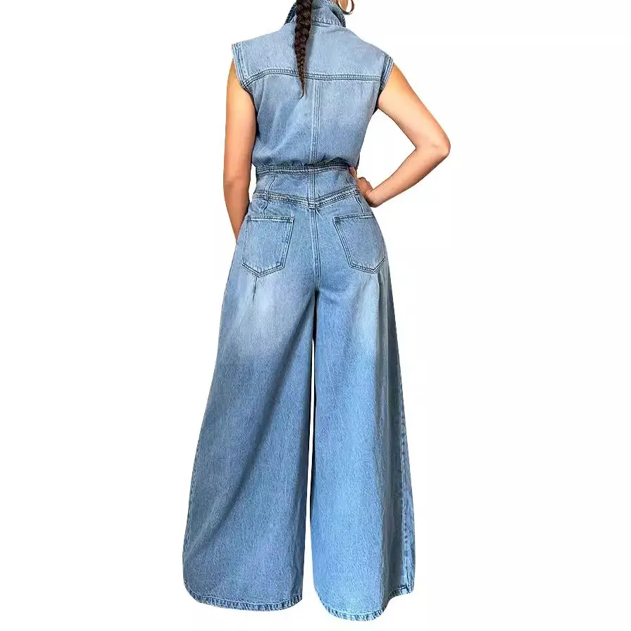 Women Denim Jumpsuit Sleeveless Turn Down Collar Single Breasted Pockets High Street Flare Pant Rompers Denim High Waist Outfits