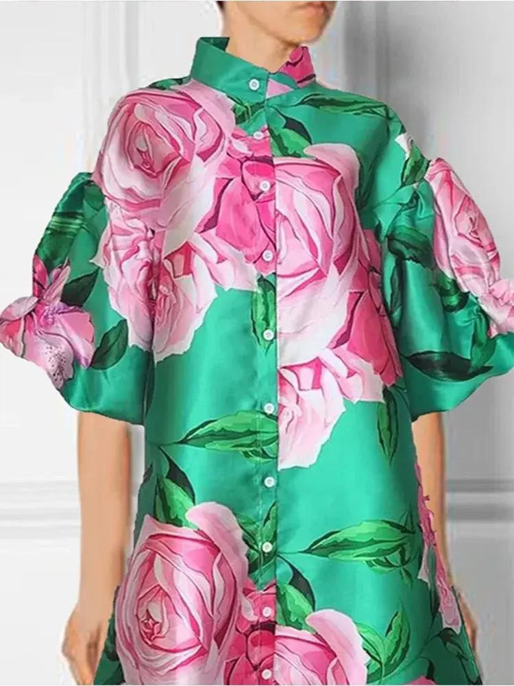 Elegant Women's Dress Paired Puff Sleeve Flora Print Casual Short Sleeved High Necked Dress Spring Botton Ruffle Mini Dresses