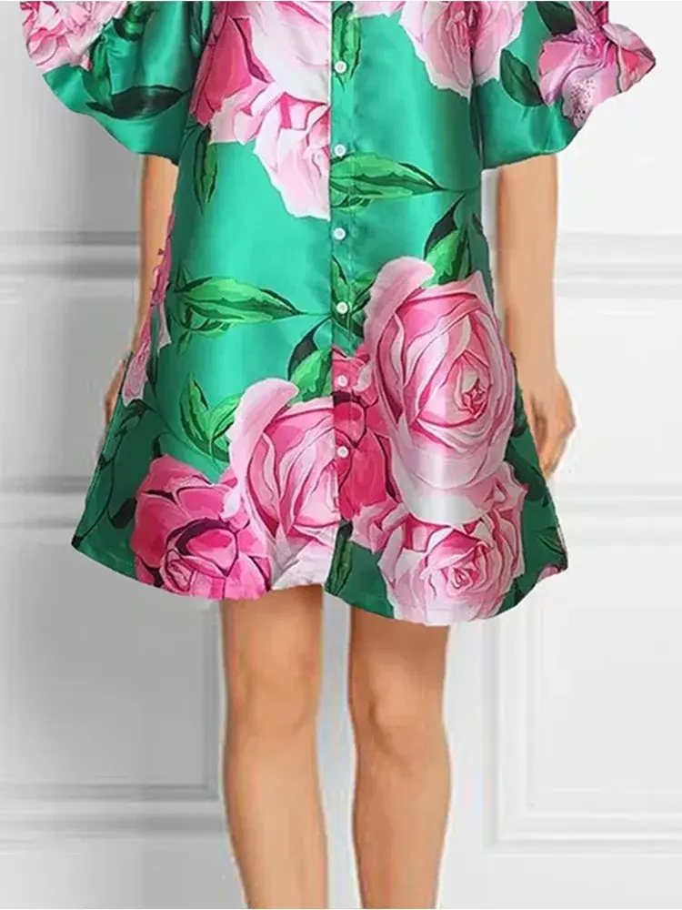 Elegant Women's Dress Paired Puff Sleeve Flora Print Casual Short Sleeved High Necked Dress Spring Botton Ruffle Mini Dresses