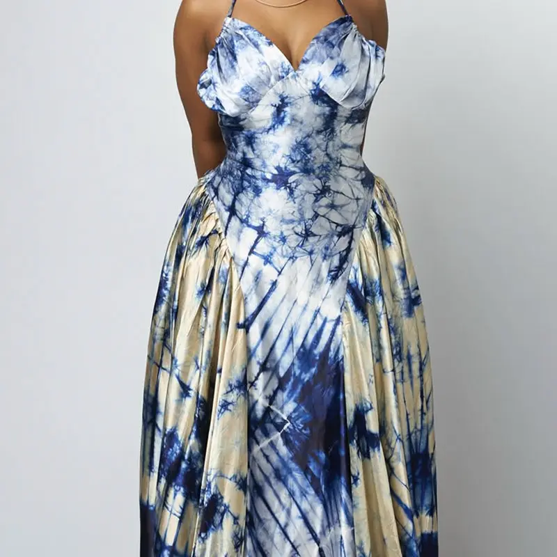 Sexy Satin Floral Printed Dress for Women Elegant Vintage Spaghetti Strap Lace-up Backless Boho American Retro Maxi Dresses