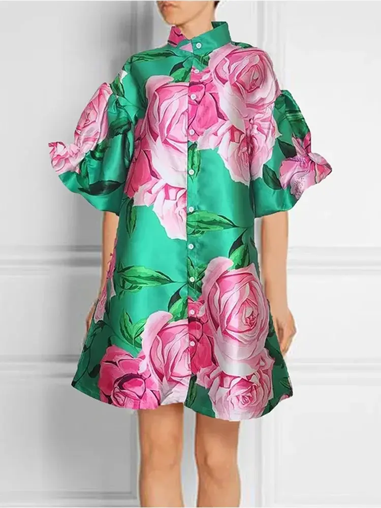 Elegant Women's Dress Paired Puff Sleeve Flora Print Casual Short Sleeved High Necked Dress Spring Botton Ruffle Mini Dresses