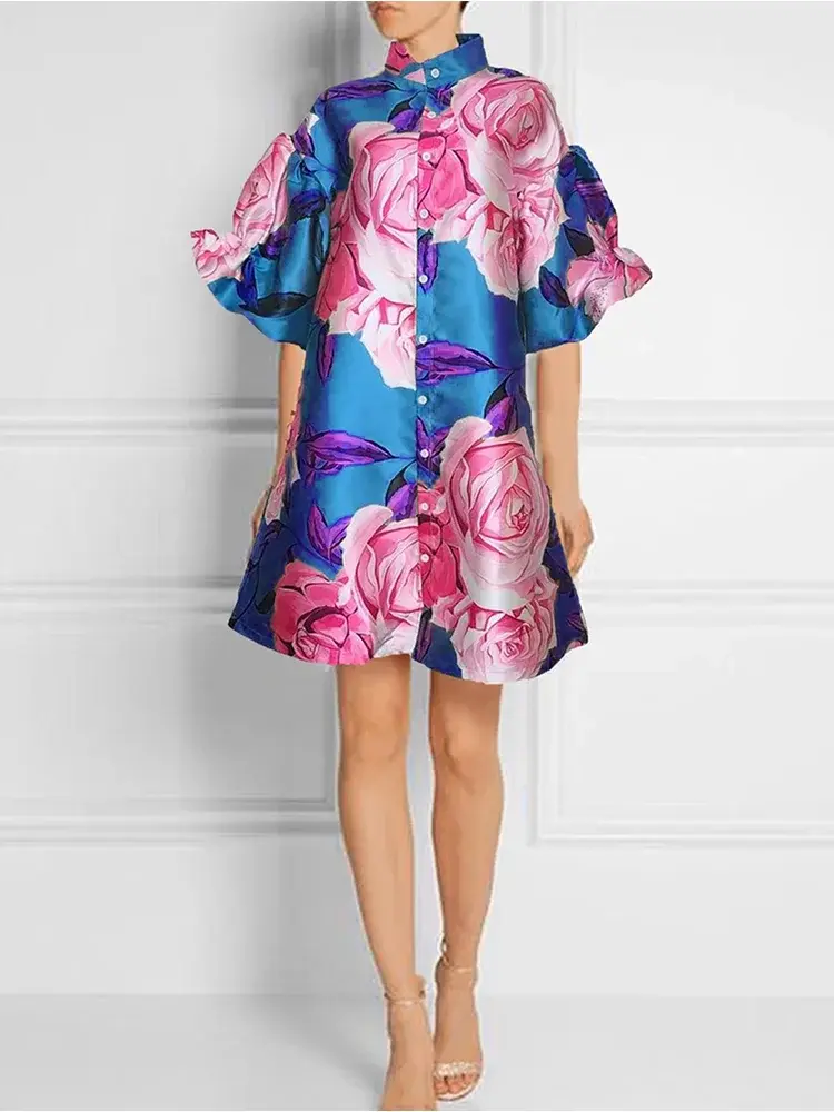 Elegant Women's Dress Paired Puff Sleeve Flora Print Casual Short Sleeved High Necked Dress Spring Botton Ruffle Mini Dresses