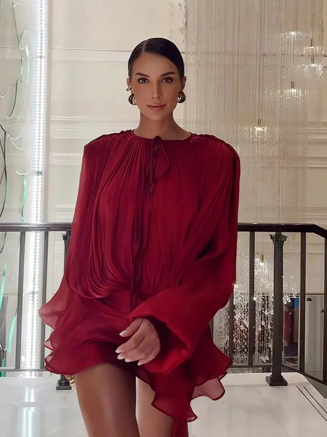 Elegant Ruched Mini Dress For Women Round Neck Lantern Long Sleeve High Waist Temperament Dresses Female Fashion