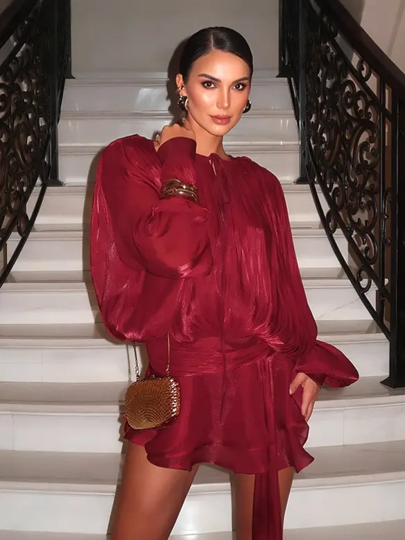 Elegant Ruched Mini Dress For Women Round Neck Lantern Long Sleeve High Waist Temperament Dresses Female Fashion
