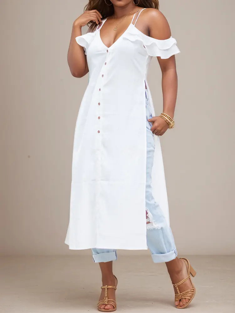 Women Off the Shoulder Plus Size Dress High Split Ruffle Spaghetti Strap Sexy Vintage Streetwear Vintage Shirt Dresses Summer