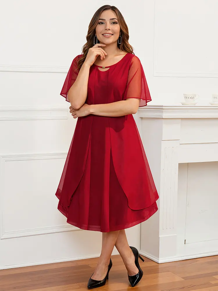 Chiffon Elegant Dress for Women Plus Size Casual A-Line Loose Soft Short Sleeve Mesh See Through V-Neck Dresses 2025