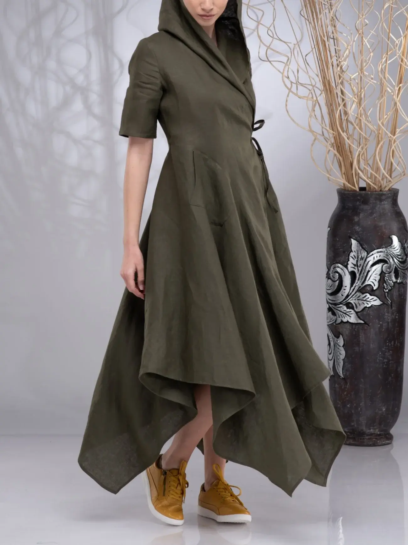Women Hooded Dress Retro Chic Ethnic Half Sleeve Harajuku Asymmetric Hem Autumn Casual Pockets Pleated A-Line Plus Size Dresses