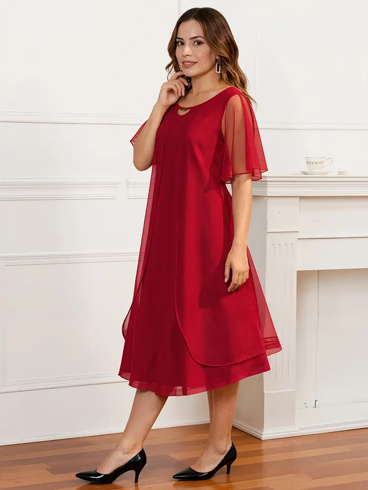 Chiffon Elegant Dress for Women Plus Size Casual A-Line Loose Soft Short Sleeve Mesh See Through V-Neck Dresses 2025