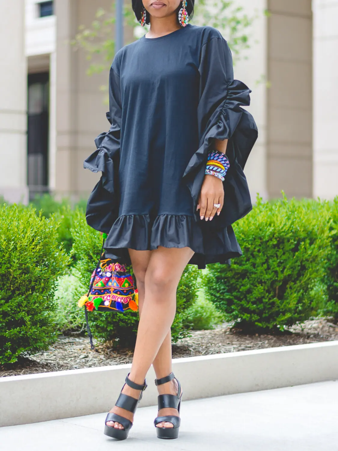 Women Plus Size Casual Mini Dress Ruffle Hem Loose Round Neck Long Sleeve Streetwear Ruffle Sleeve Vintage Dresses for Women