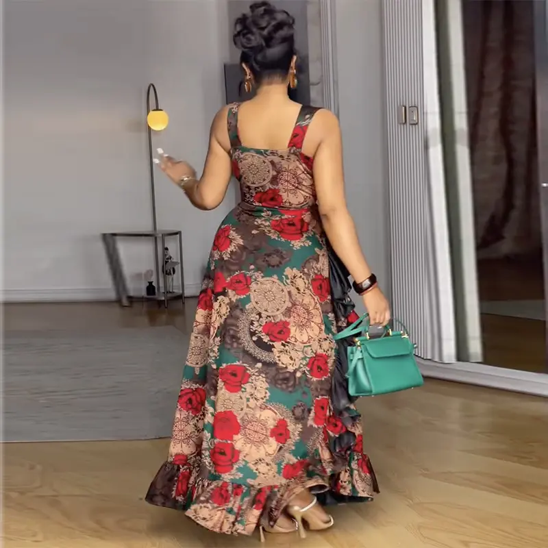 Sexy Spaghetti Strap Ruffl Hem Hollow Out Dress for Women Deep V-Neck Elegant Vintage Afican Evening Party Long Dresses 2025