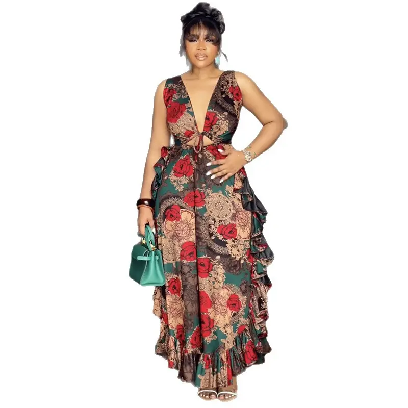 Sexy Spaghetti Strap Ruffl Hem Hollow Out Dress for Women Deep V-Neck Elegant Vintage Afican Evening Party Long Dresses 2025