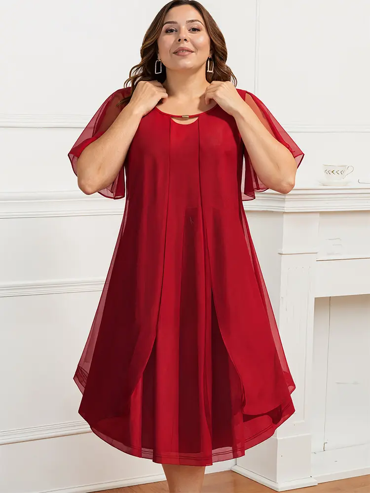 Chiffon Elegant Dress for Women Plus Size Casual A-Line Loose Soft Short Sleeve Mesh See Through V-Neck Dresses 2025