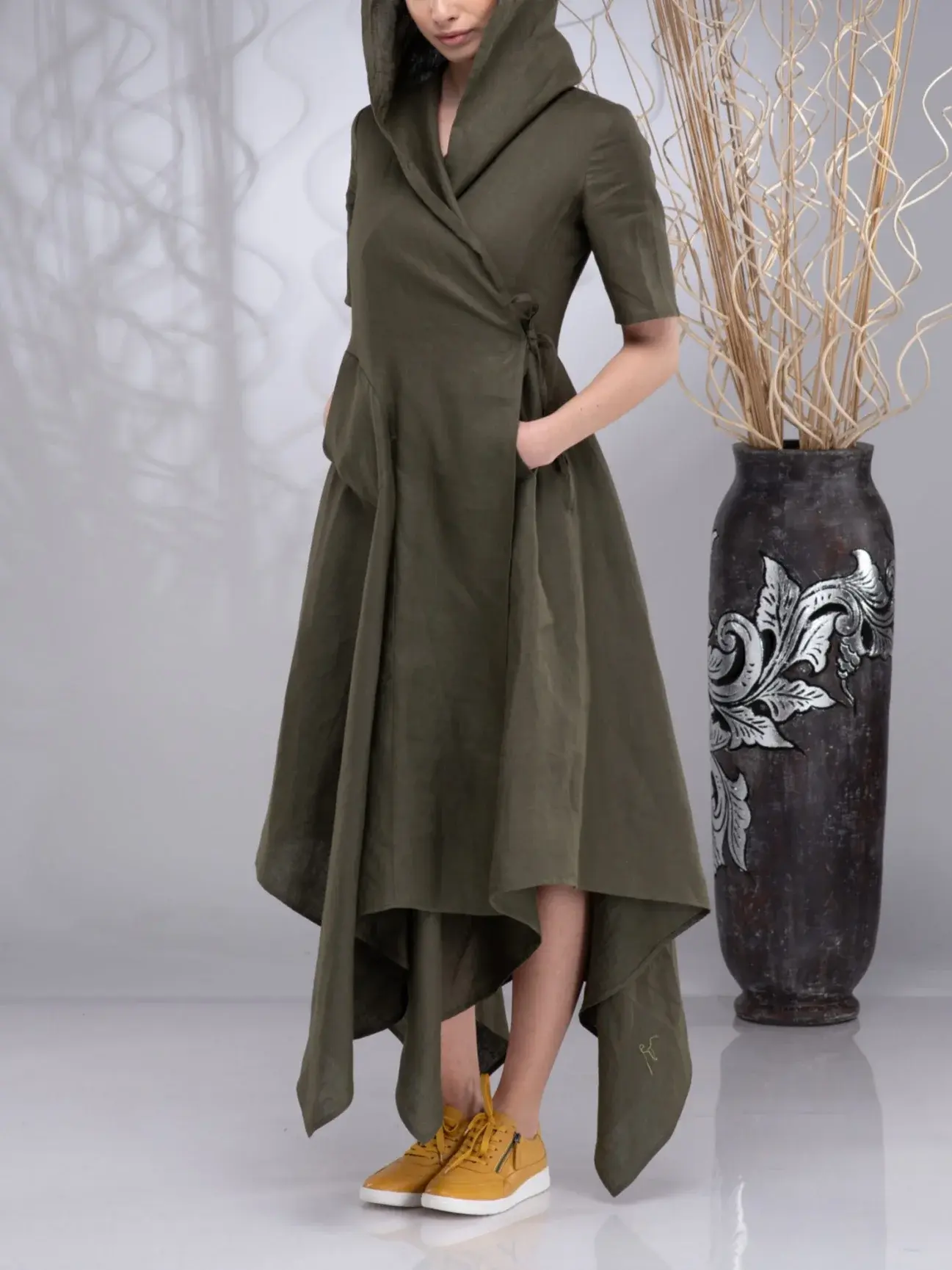 Women Hooded Dress Retro Chic Ethnic Half Sleeve Harajuku Asymmetric Hem Autumn Casual Pockets Pleated A-Line Plus Size Dresses