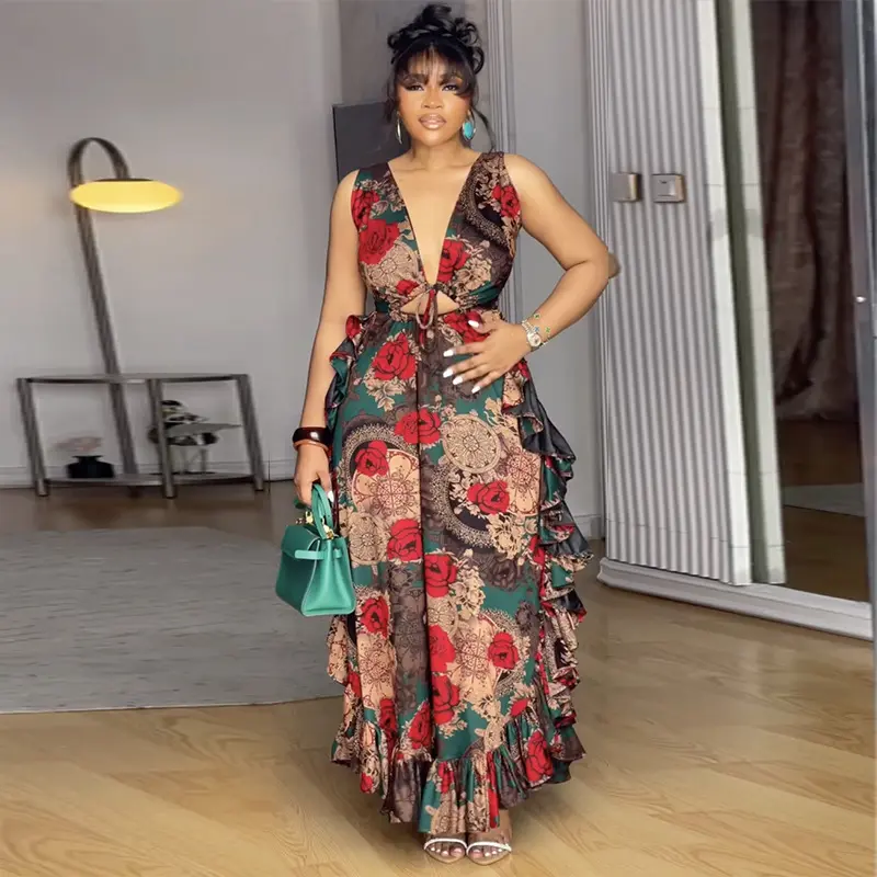 Sexy Spaghetti Strap Ruffl Hem Hollow Out Dress for Women Deep V-Neck Elegant Vintage Afican Evening Party Long Dresses 2025