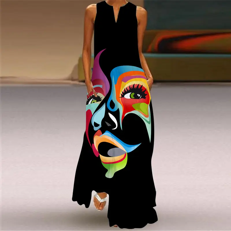 Plus Size Print Tank Dress for Women A-Line India Folk Vintage V Cut Neck Sleeveless Boho Loose Long Dress Pockets Fashion Dress