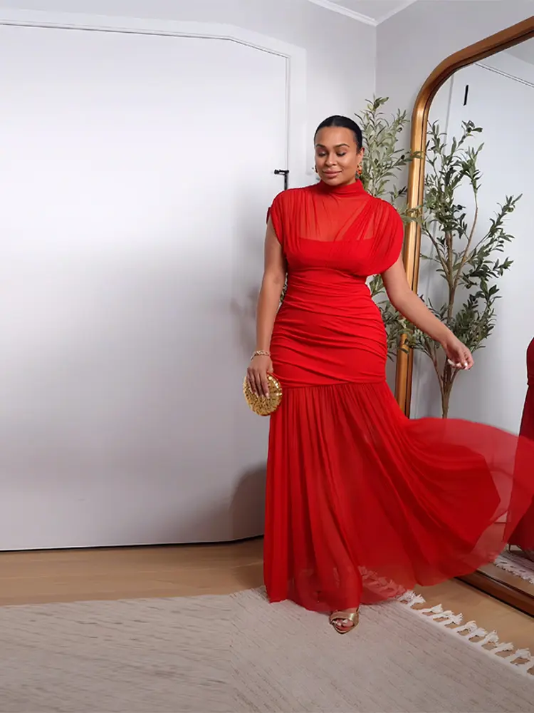 Women Batwing Mesh Dress Short Sleeve Ruched Stand Collar Elegant Wedding Guest Stacked Pleated Midi Maxi Long Dress 2025 Summer