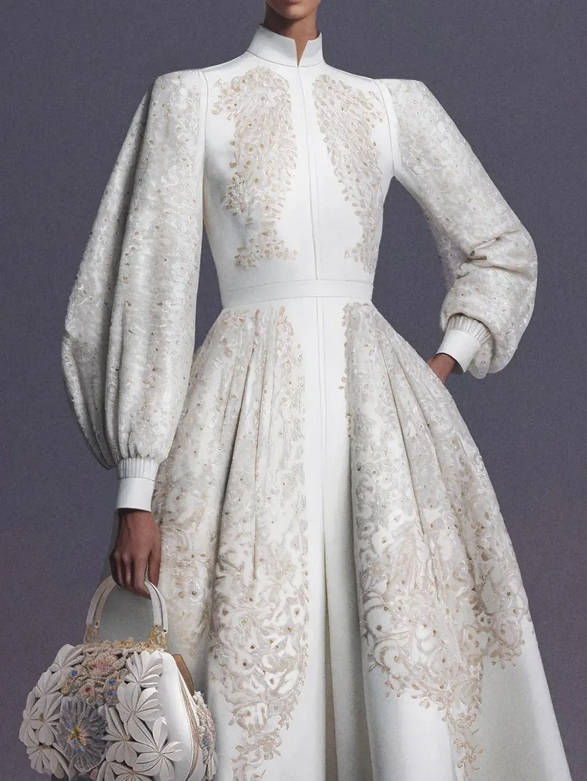 Stand Collar Floral Embroidery Dress for Women Puff Sleeve Pleated A-Line Ethnic Casual Vintage Courtly Evening Long Dresses
