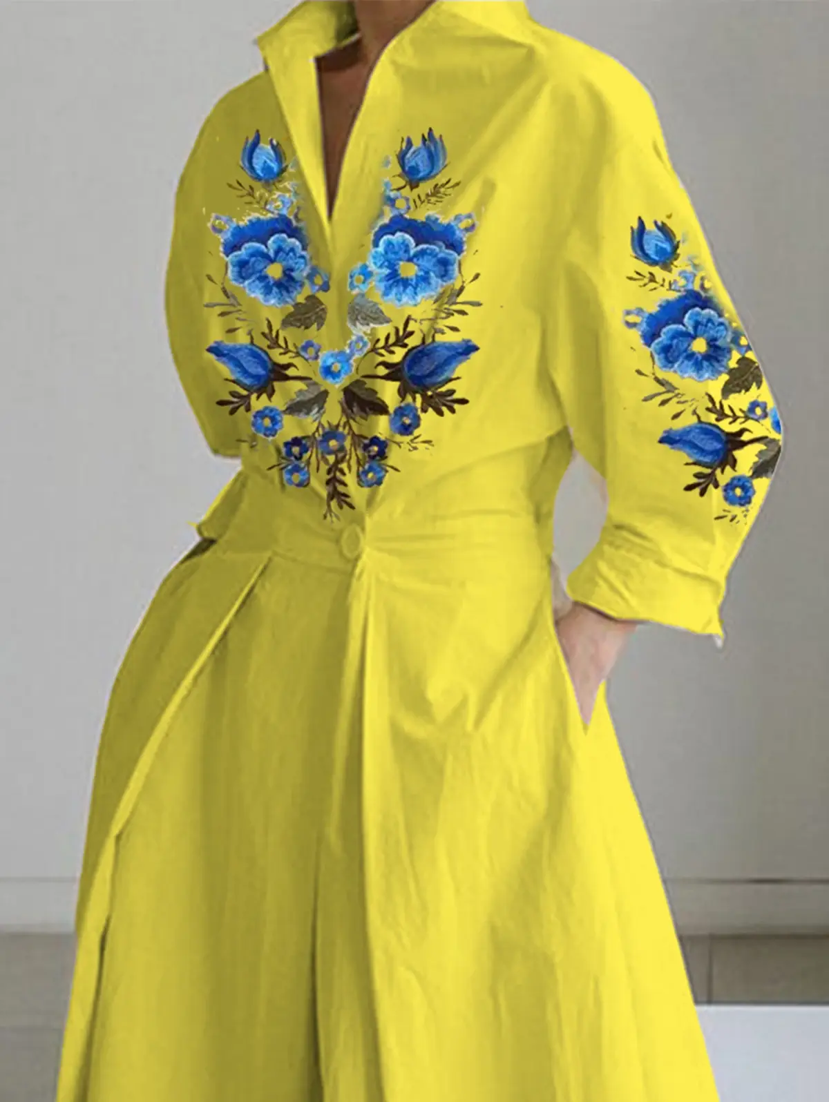 Women Elegant Turn Down Collar Dress Long Sleeve Floral Printed Vintage Pleated A-line Pockets Evening Party Plus Size Dresses