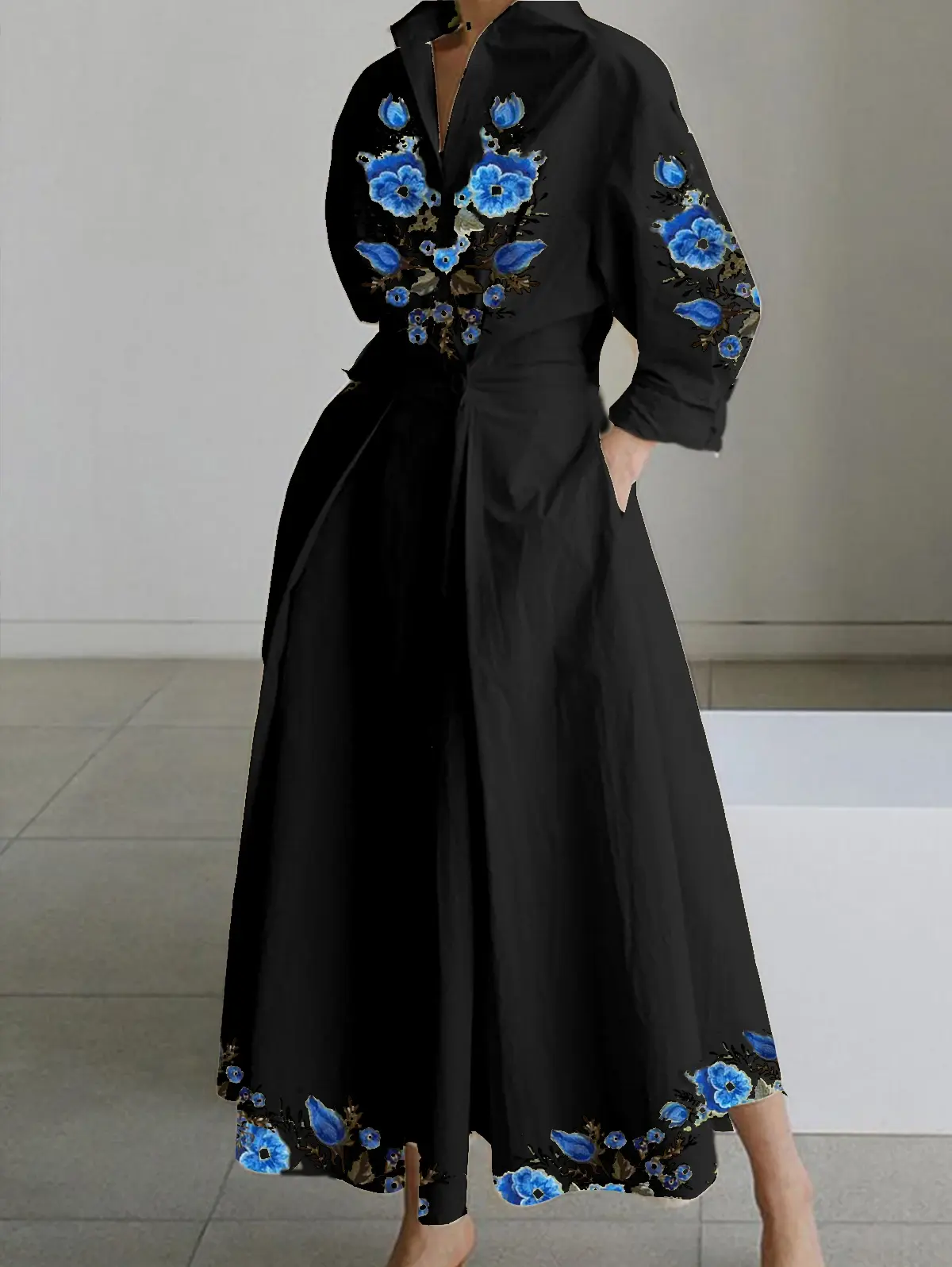 Women Elegant Turn Down Collar Dress Long Sleeve Floral Printed Vintage Pleated A-line Pockets Evening Party Plus Size Dresses