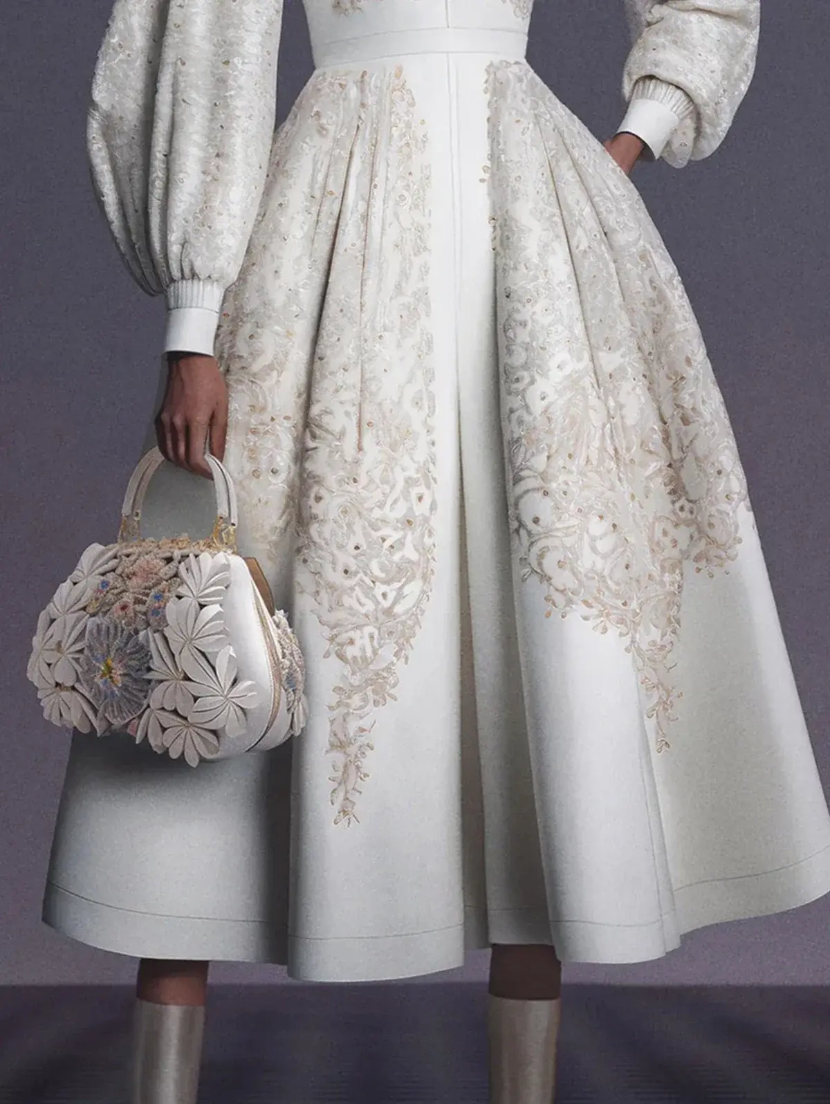 Stand Collar Floral Embroidery Dress for Women Puff Sleeve Pleated A-Line Ethnic Casual Vintage Courtly Evening Long Dresses