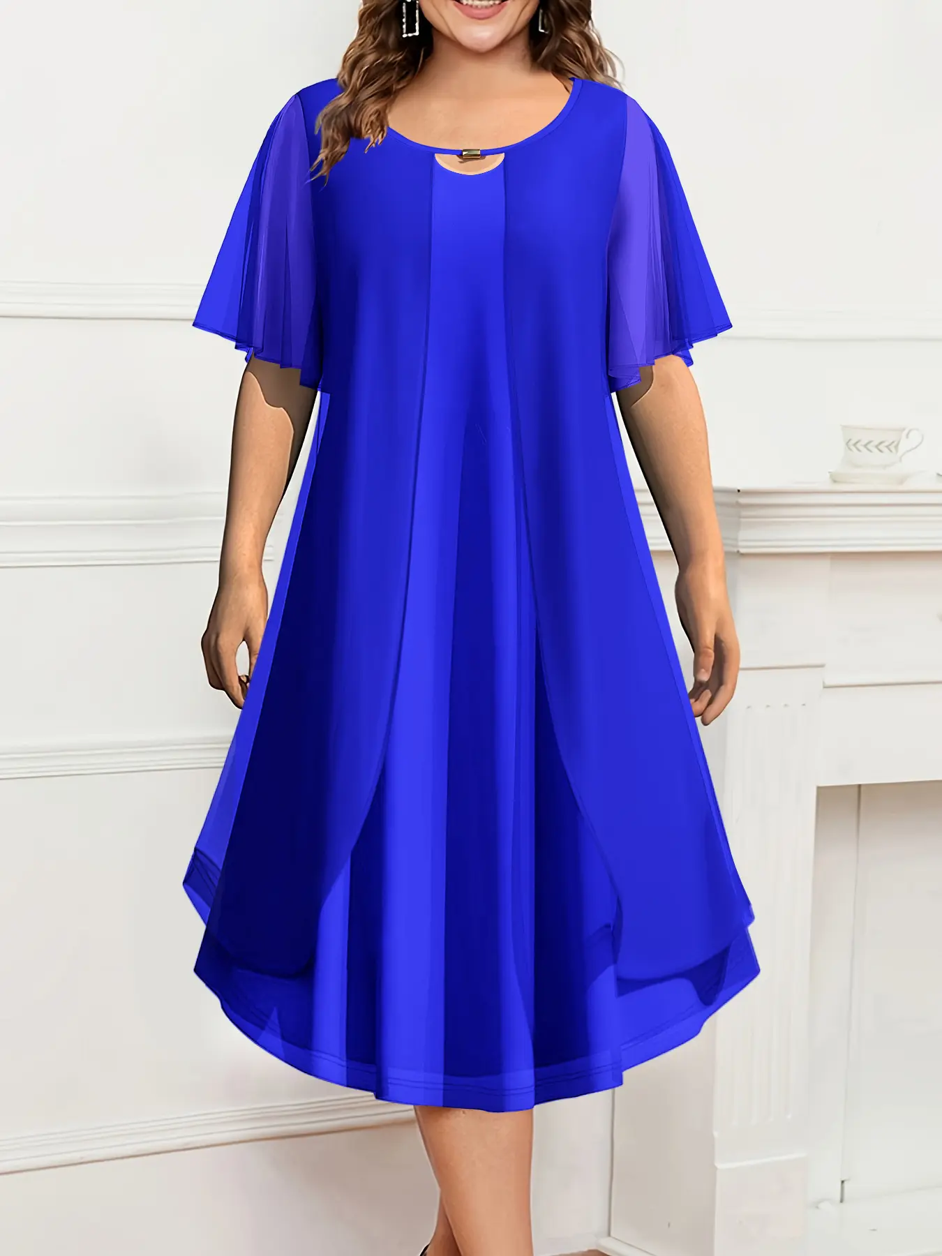 Women Mesh Plus Size Dress Chiffon Tired Solid Elegant Casual A-Line Short Sleeve Midi Dress Summer Fashion Office Lady Dresses
