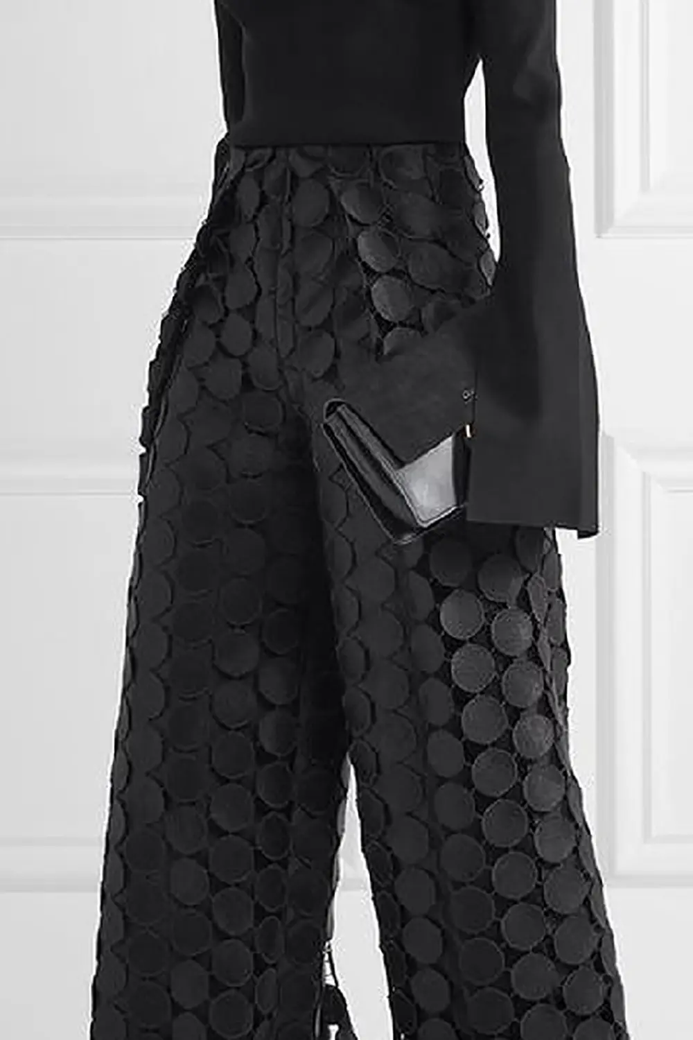 Plus Size Semi Formal Pants Elegant Black Long Fall Winter Cut Out Wide Leg Lace Vintage High Waist Polk Dot Trousers for Female