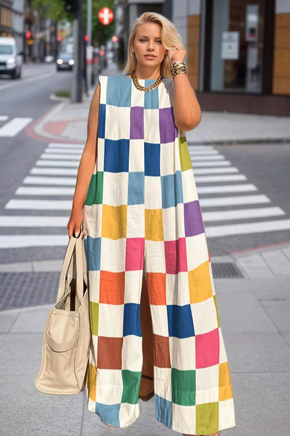 Plaid Printed Jumpsuit for Women Plus Size Overall Round Neck Casual Harajuku Sleeveless Summer Wide Leg Jumpsuit Outfit 2025