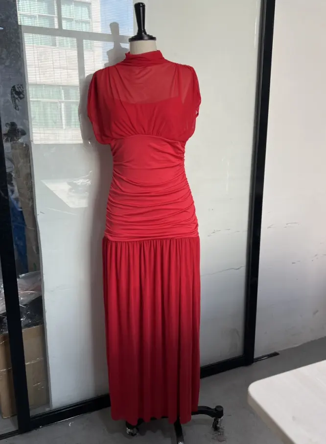 Women Batwing Mesh Dress Short Sleeve Ruched Stand Collar Elegant Wedding Guest Stacked Pleated Midi Maxi Long Dress 2025 Summer