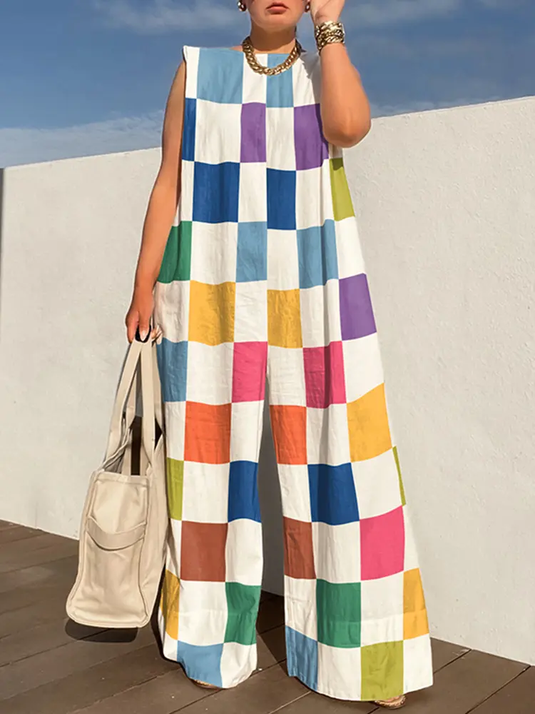 Plaid Printed Jumpsuit for Women Plus Size Overall Round Neck Casual Harajuku Sleeveless Summer Wide Leg Jumpsuit Outfit 2025