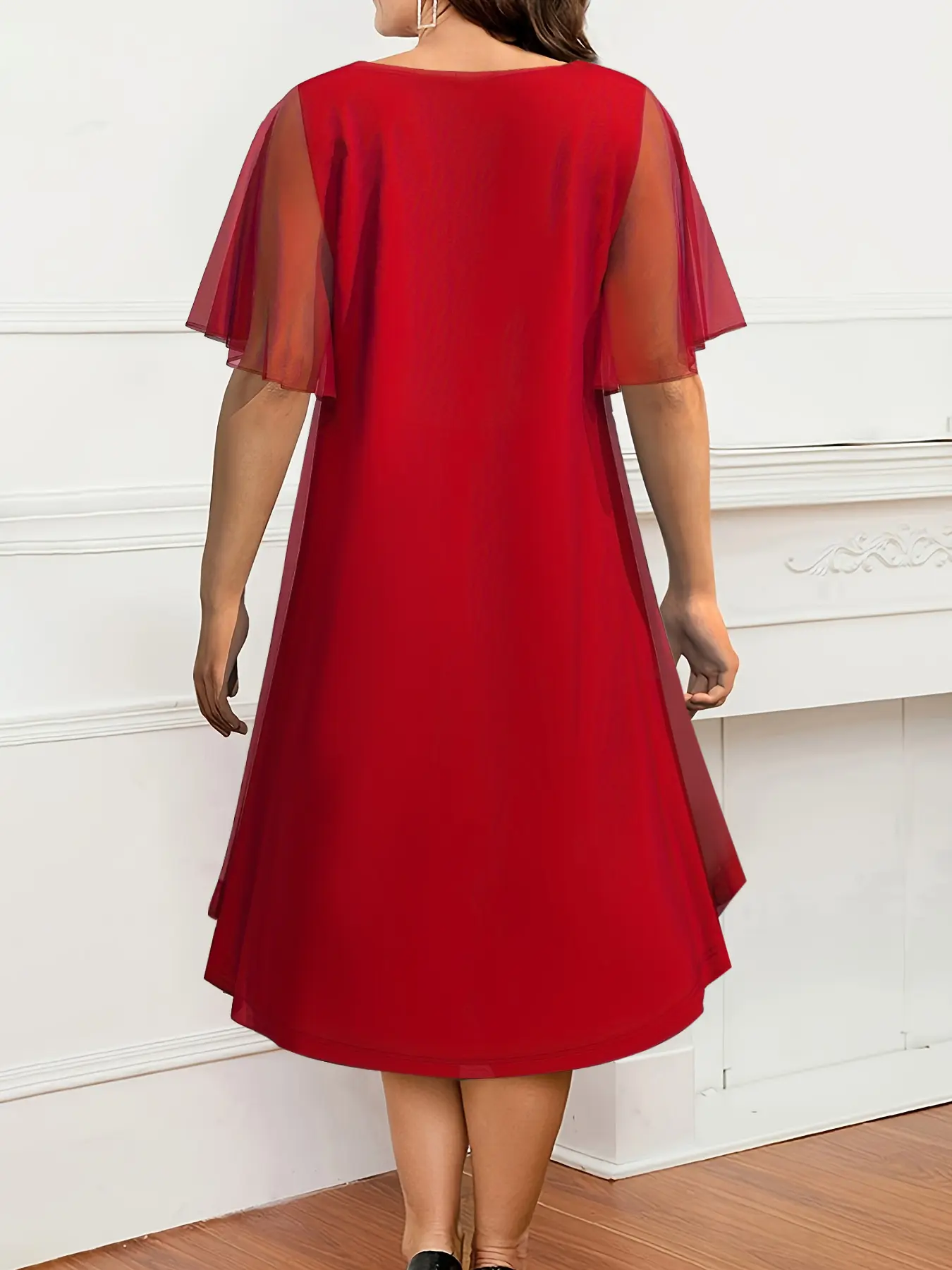 Women Mesh Plus Size Dress Chiffon Tired Solid Elegant Casual A-Line Short Sleeve Midi Dress Summer Fashion Office Lady Dresses