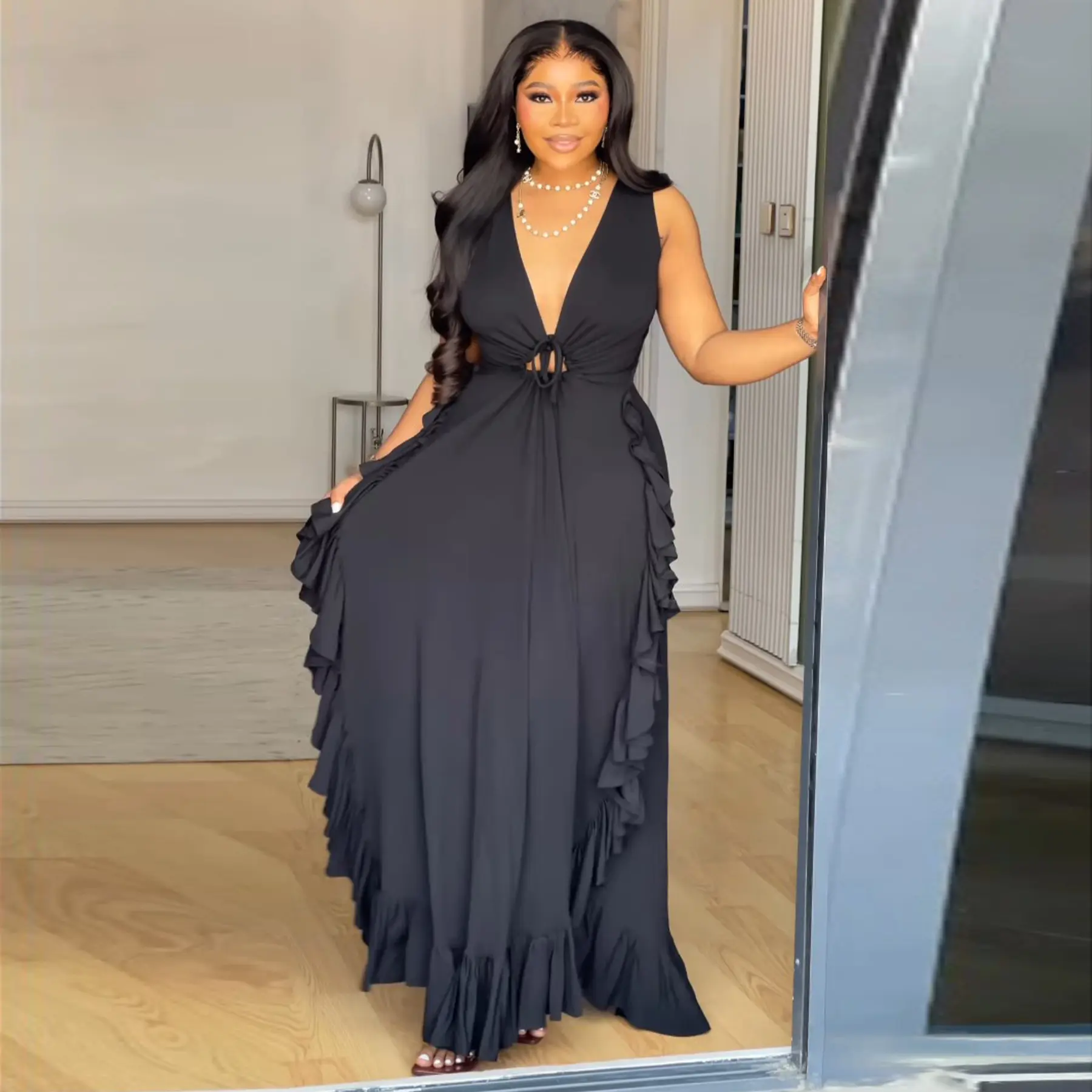 Women Sexy V-Neck Tank Dress Hollow Out Lace-up Ruffle Hem Backless Party Club High Street Elegant Casual Dresses Summer