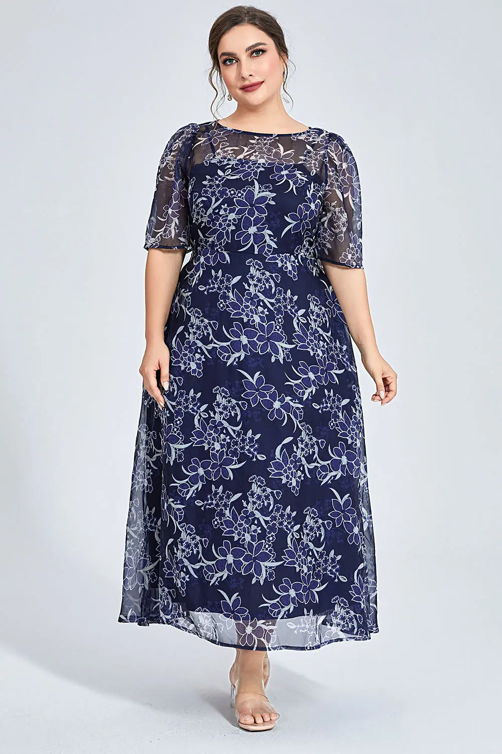 Women's Plus Size Long Dress Formal Chiffon Plant Print Double Layer Tunic Maxi Dress Casual Elegant Wedding Guest Dresses