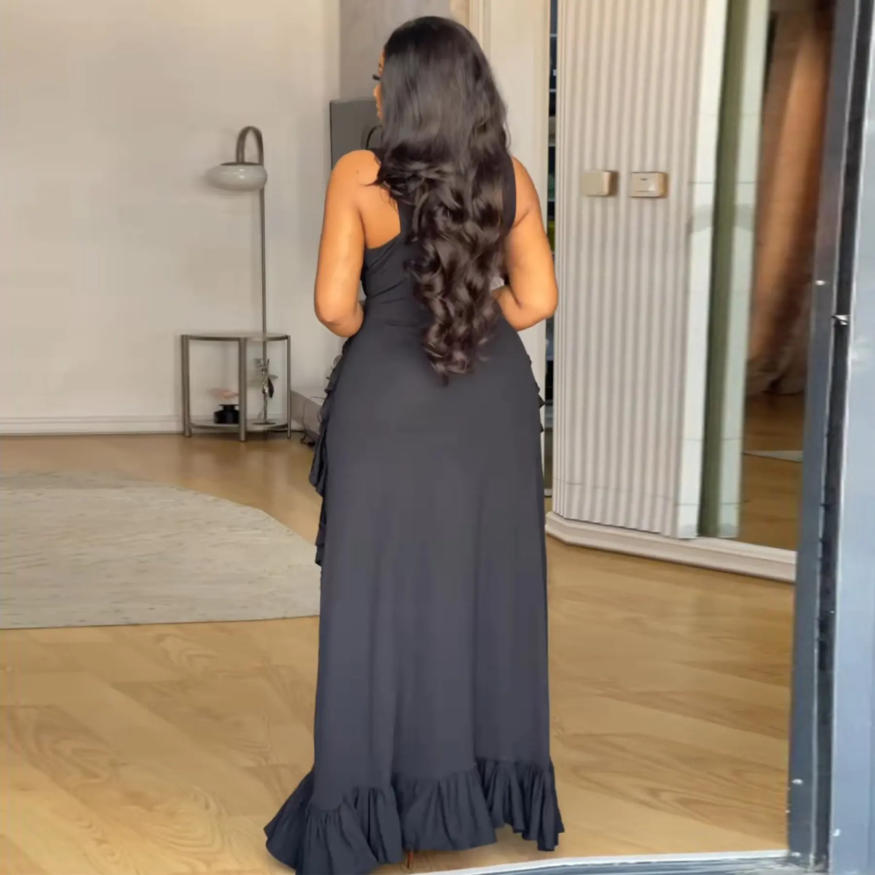 Women Sexy V-Neck Tank Dress Hollow Out Lace-up Ruffle Hem Backless Party Club High Street Elegant Casual Dresses Summer