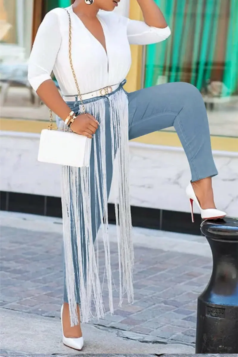 Women's Plus Size Tassel Jeans Pencil Denim Pants Elegant Hight Waist Vintage Slim Ankle-Length Pants Pockets Casual Jeans 2024