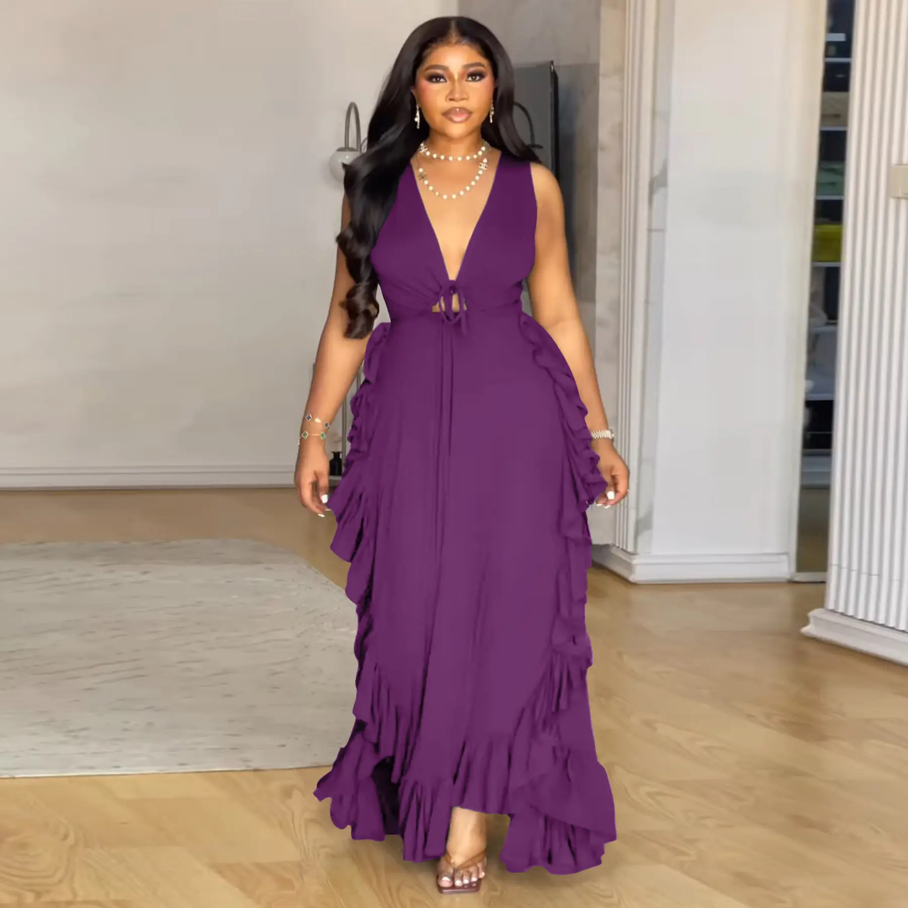 Women Sexy V-Neck Tank Dress Hollow Out Lace-up Ruffle Hem Backless Party Club High Street Elegant Casual Dresses Summer