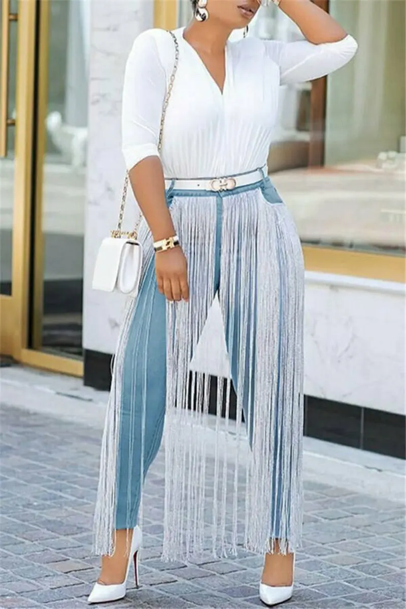 Women's Plus Size Tassel Jeans Pencil Denim Pants Elegant Hight Waist Vintage Slim Ankle-Length Pants Pockets Casual Jeans 2024