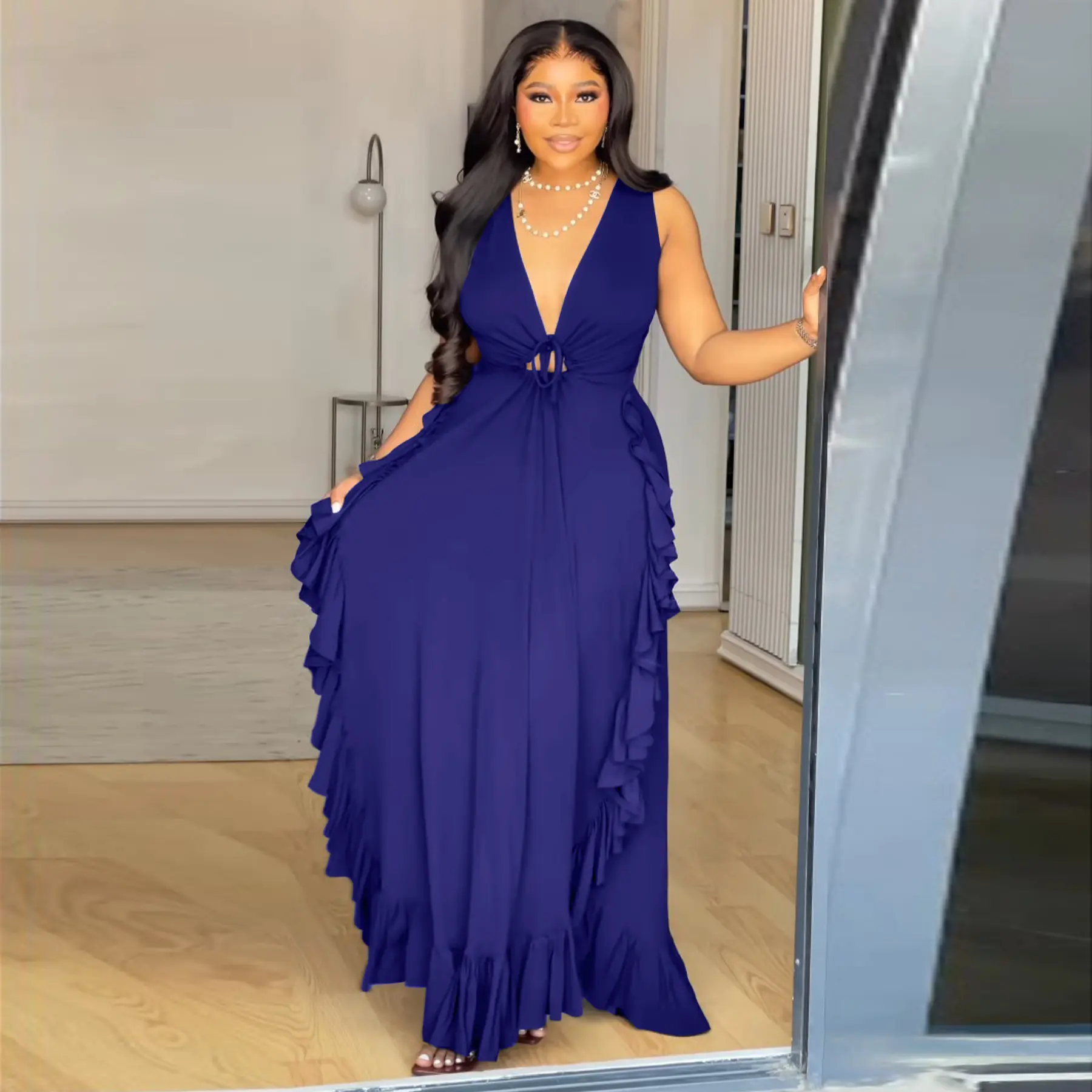 Women Sexy V-Neck Tank Dress Hollow Out Lace-up Ruffle Hem Backless Party Club High Street Elegant Casual Dresses Summer