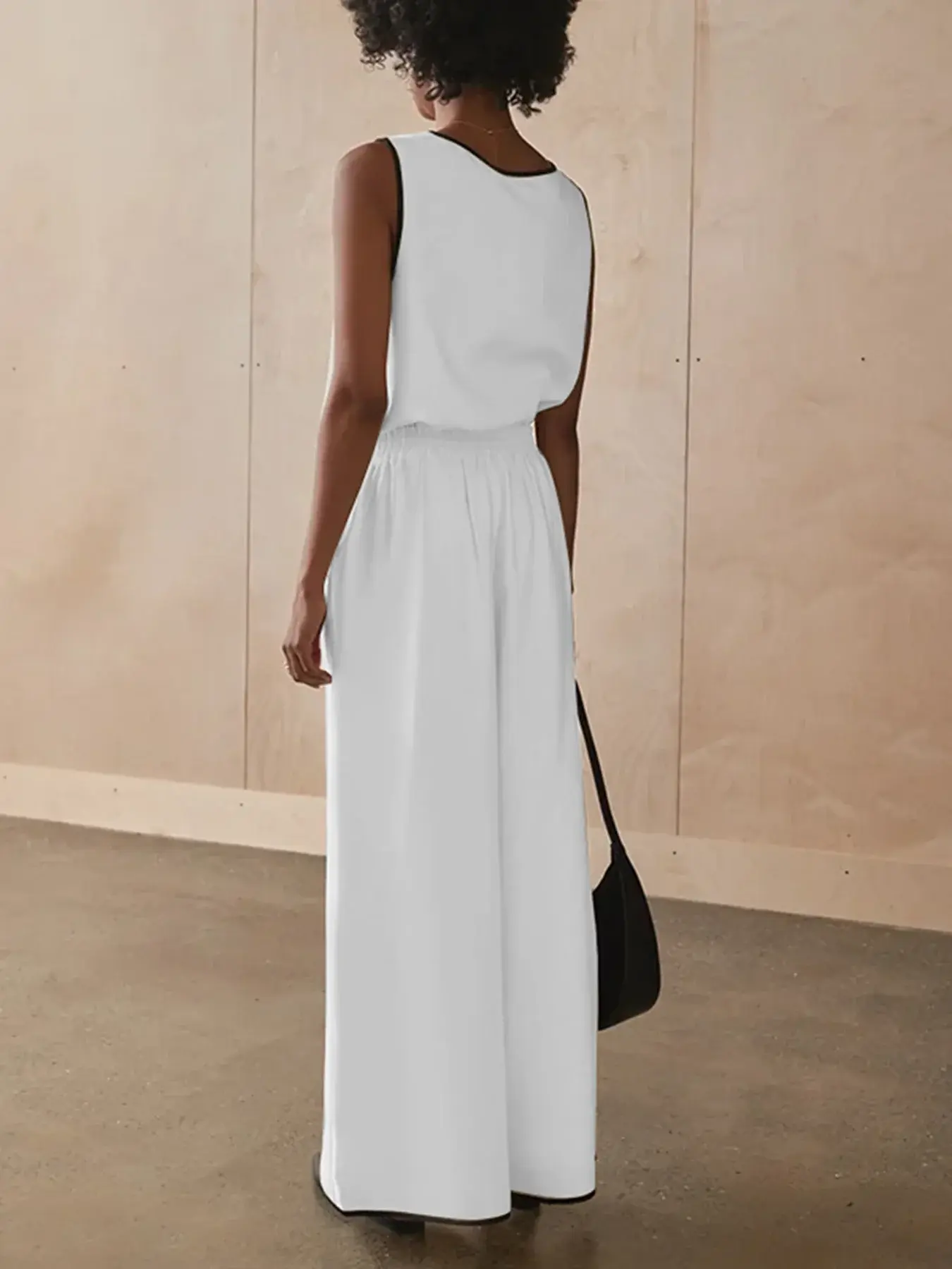 Summer Loose Solid Color 2 Piece Sets Woman Outfit 2025 Fashion Sleeveless Tank Top With High Waist Slit Wide Pants Set