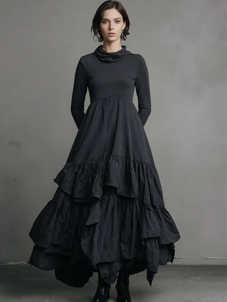 Women's Cowl Neck Dress Long Sleeve Black Minimalist Ruffle Layered Dress Gothic Casual Retro Pockets A-line Chic Dresses