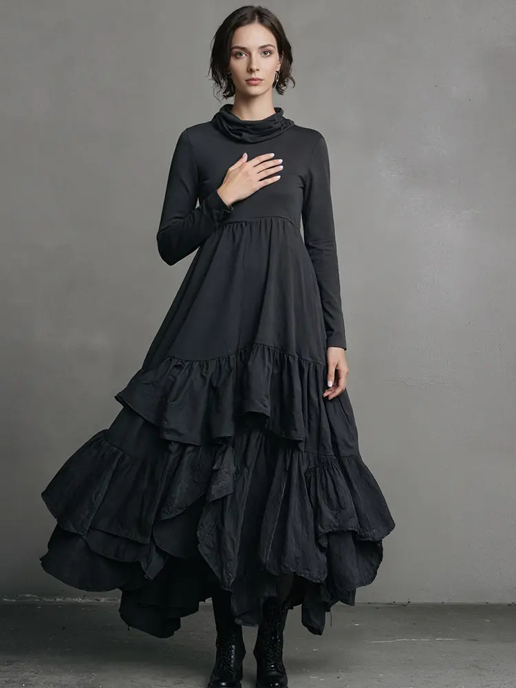 Women's Cowl Neck Dress Long Sleeve Black Minimalist Ruffle Layered Dress Gothic Casual Retro Pockets A-line Chic Dresses