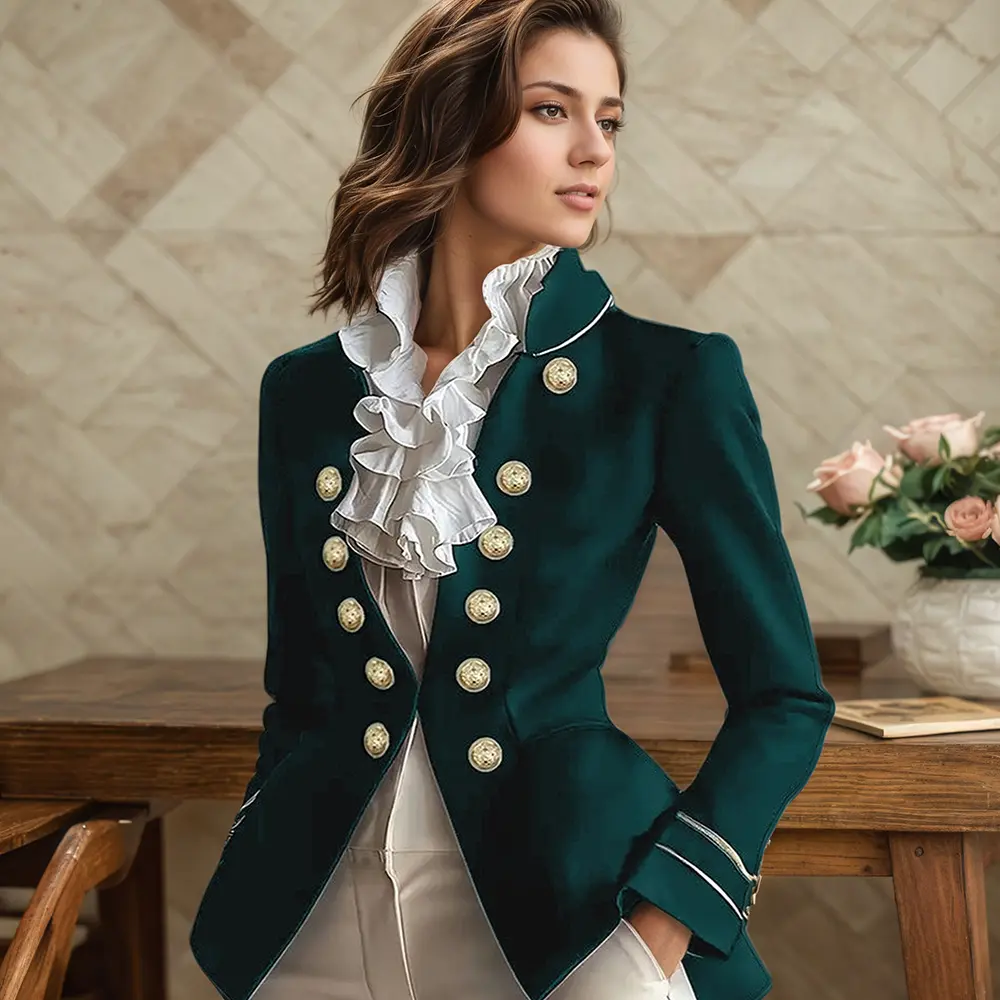 Women's British Preppy Style Jacket Double Breasted Stand Collar Autumn Long Sleeve Casual High Street Retro Slim Coat Female