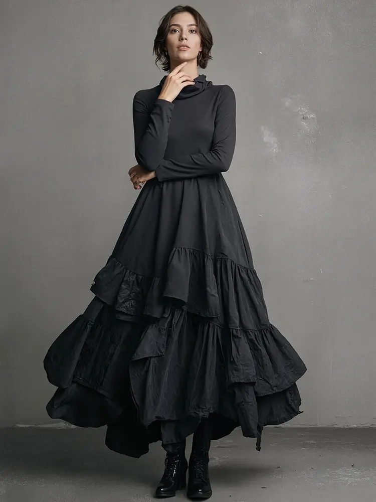 Women's Cowl Neck Dress Long Sleeve Black Minimalist Ruffle Layered Dress Gothic Casual Retro Pockets A-line Chic Dresses