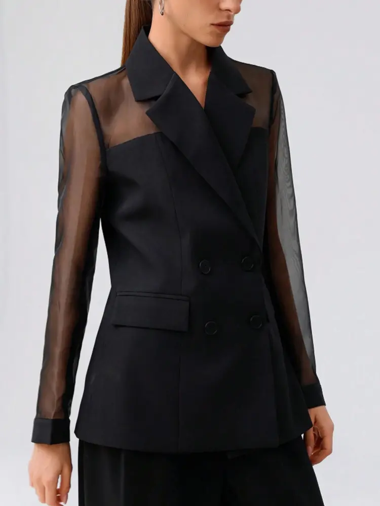 Elegant Business Commute High-End Organza Splice Suit Fabric Breathable Double-Breasted Women Thin Blazer