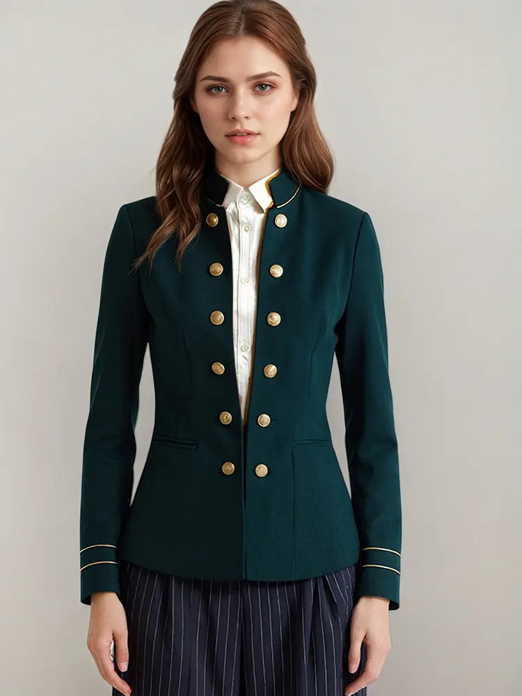 Women's British Preppy Style Jacket Double Breasted Stand Collar Autumn Long Sleeve Casual High Street Retro Slim Coat Female
