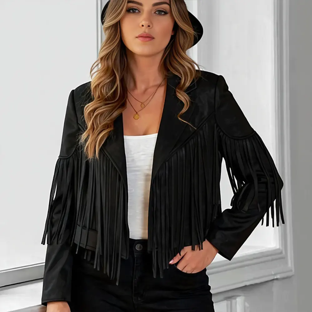 Women's Suede Jacket with Tassel Open Stitch Short Coat Long Sleeve High Street Vintage Casual Autumn Chic Outerwear