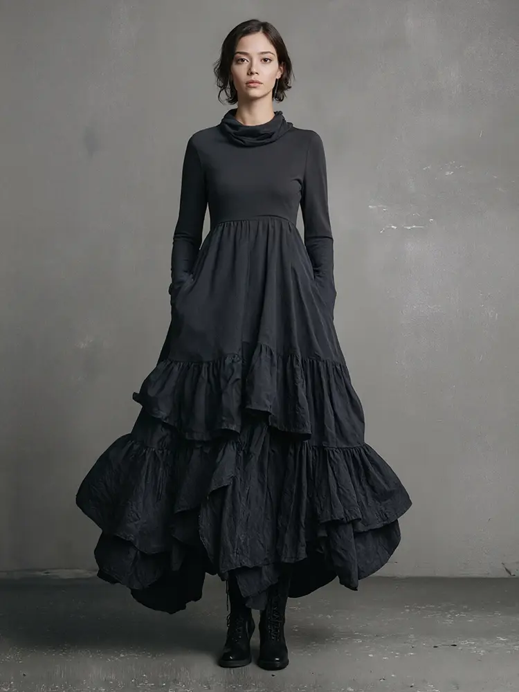 Women's Cowl Neck Dress Long Sleeve Black Minimalist Ruffle Layered Dress Gothic Casual Retro Pockets A-line Chic Dresses