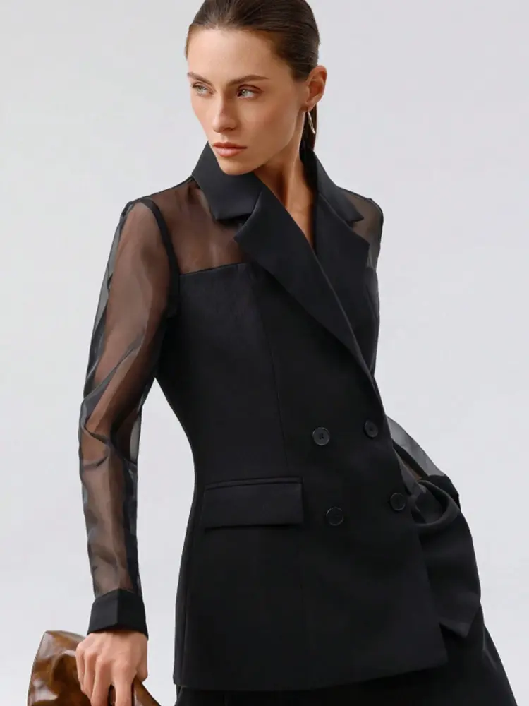 Elegant Business Commute High-End Organza Splice Suit Fabric Breathable Double-Breasted Women Thin Blazer