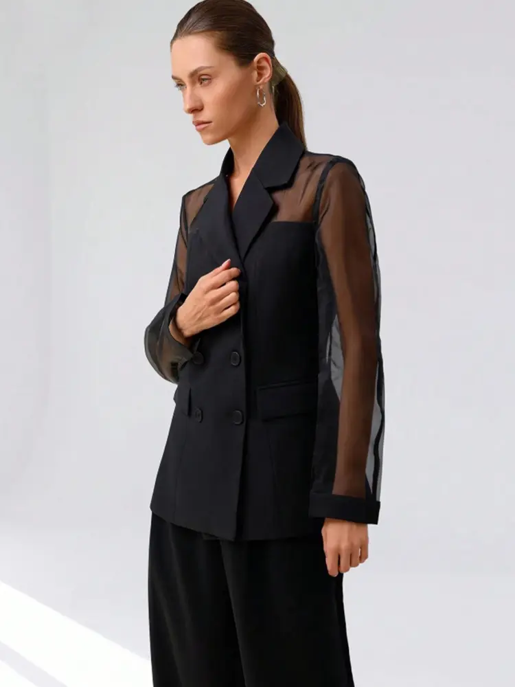 Elegant Business Commute High-End Organza Splice Suit Fabric Breathable Double-Breasted Women Thin Blazer